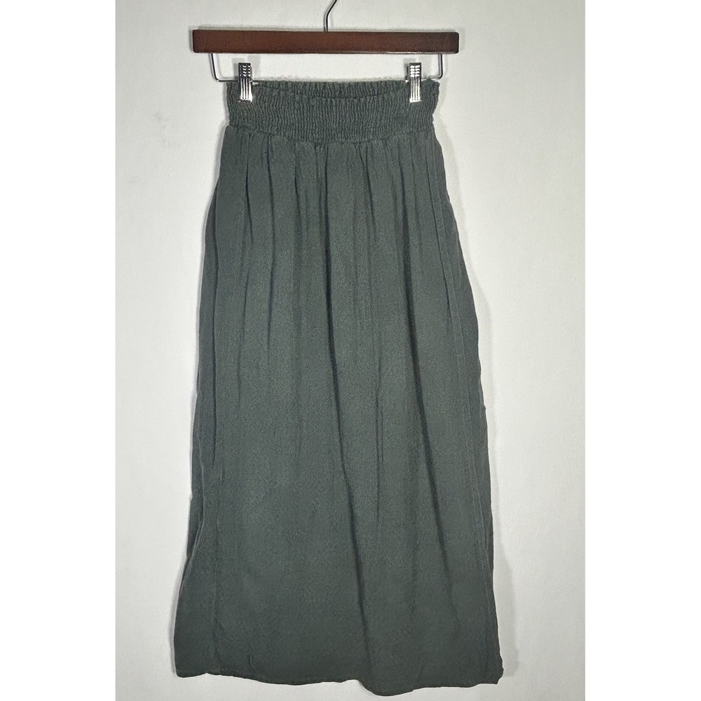 Vtg 90s Eileen Fisher 100% Silk Faux Wrap Maxi Skirt Olive Green Smocked Size 2